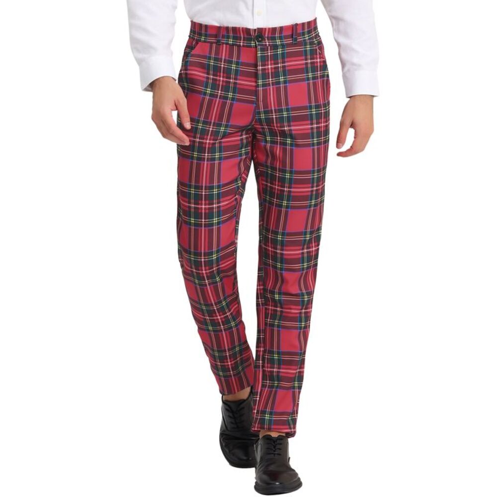Plaid Pants Casual Regular Fit Flat Front Stretch Checked Trousers Red Blue